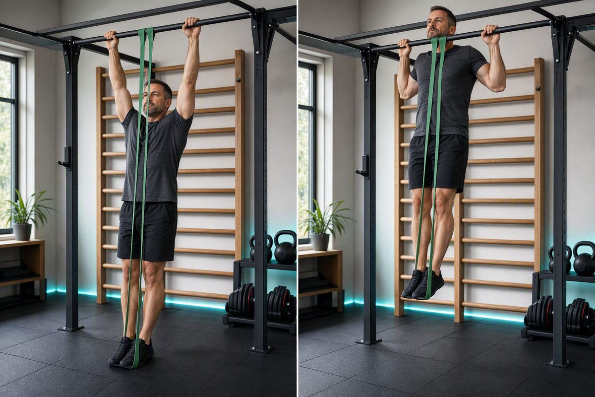 Band-assisted pull-up: start position on the left, finish position on the right