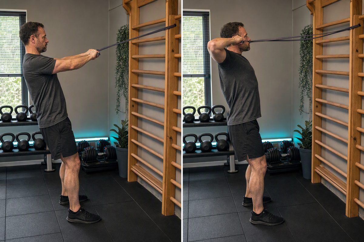 Band face pull: start position on the left, finish position on the right