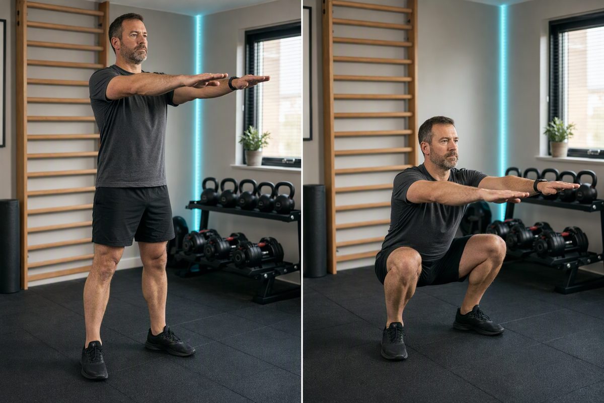 Bodyweight squat: start position on the left, finish position on the right