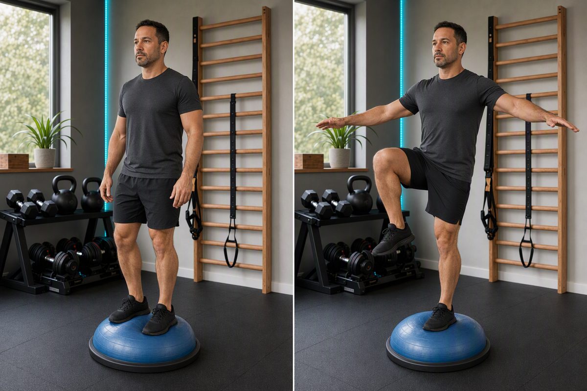 Bosu single-leg balance: start position on the left, finish position on the right