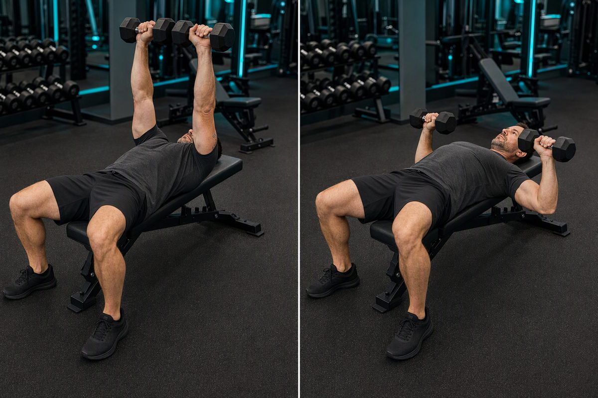 Dumbbell bench press: start position on the left, finish position on the right