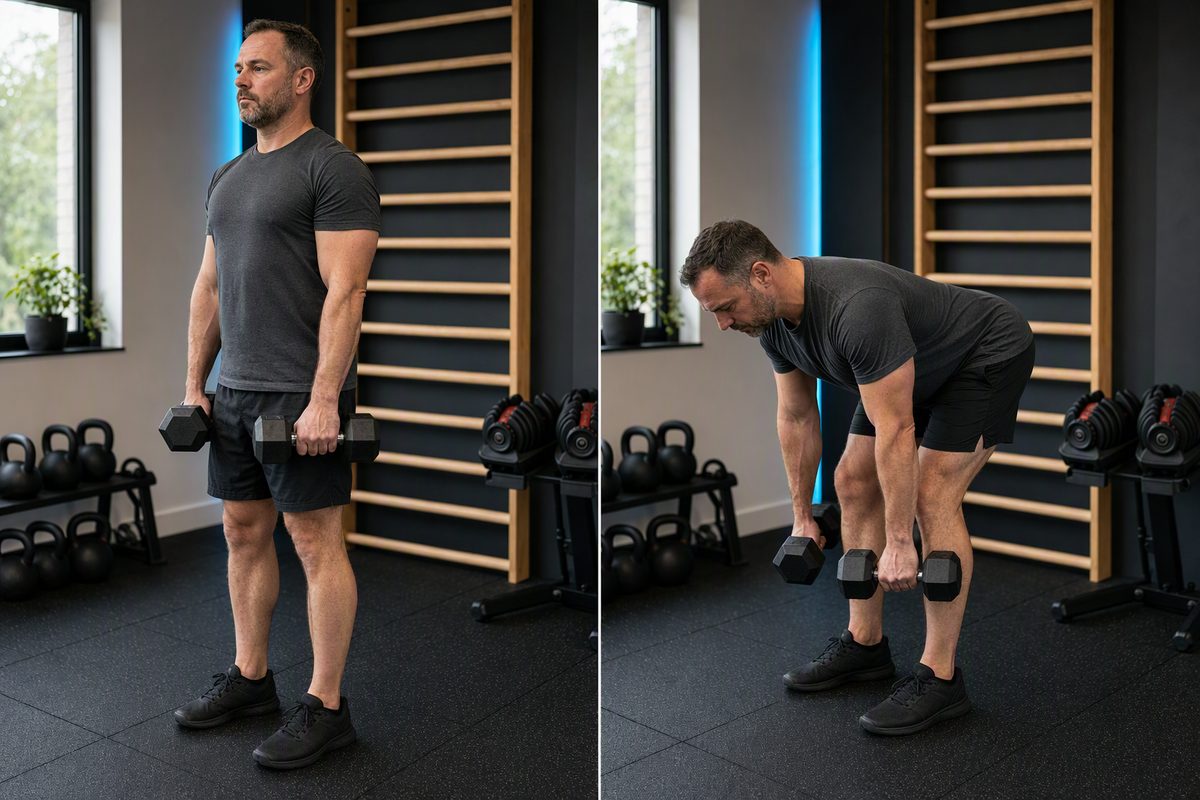 Dumbbell Romanian deadlift: start position on the left, finish position on the right