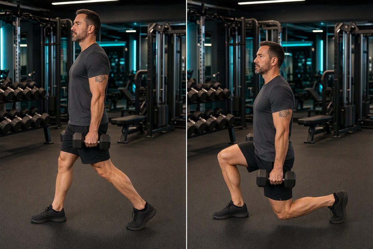 Dumbbell split squat: start position on the left, finish position on the right