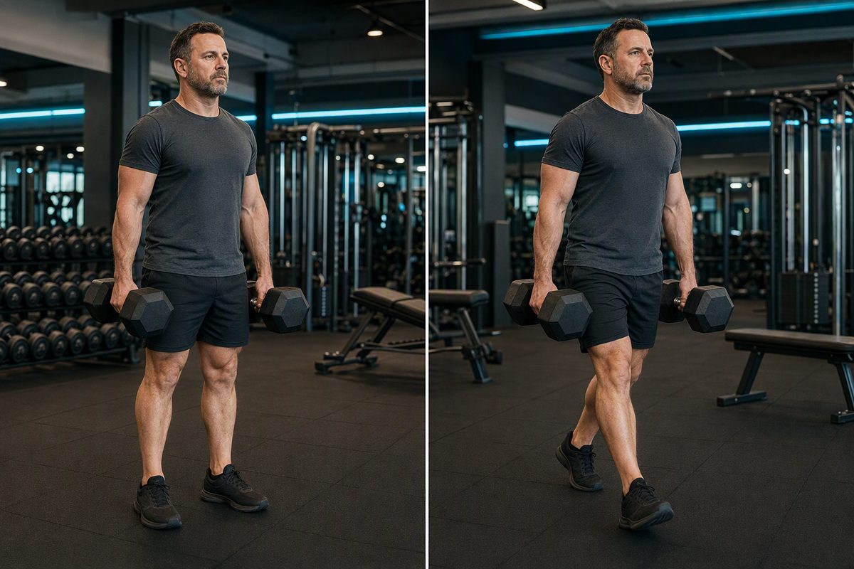 Farmer's carry: start position on the left, finish position on the right