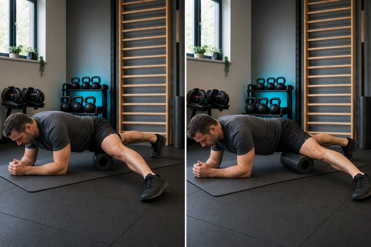 Foam rolling: quads: start position on the left, finish position on the right