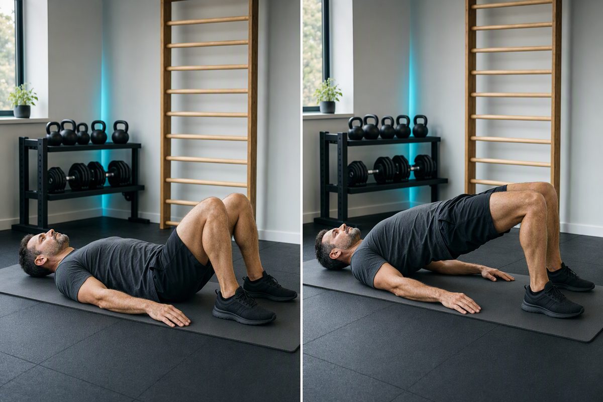 Glute bridge: start position on the left, finish position on the right