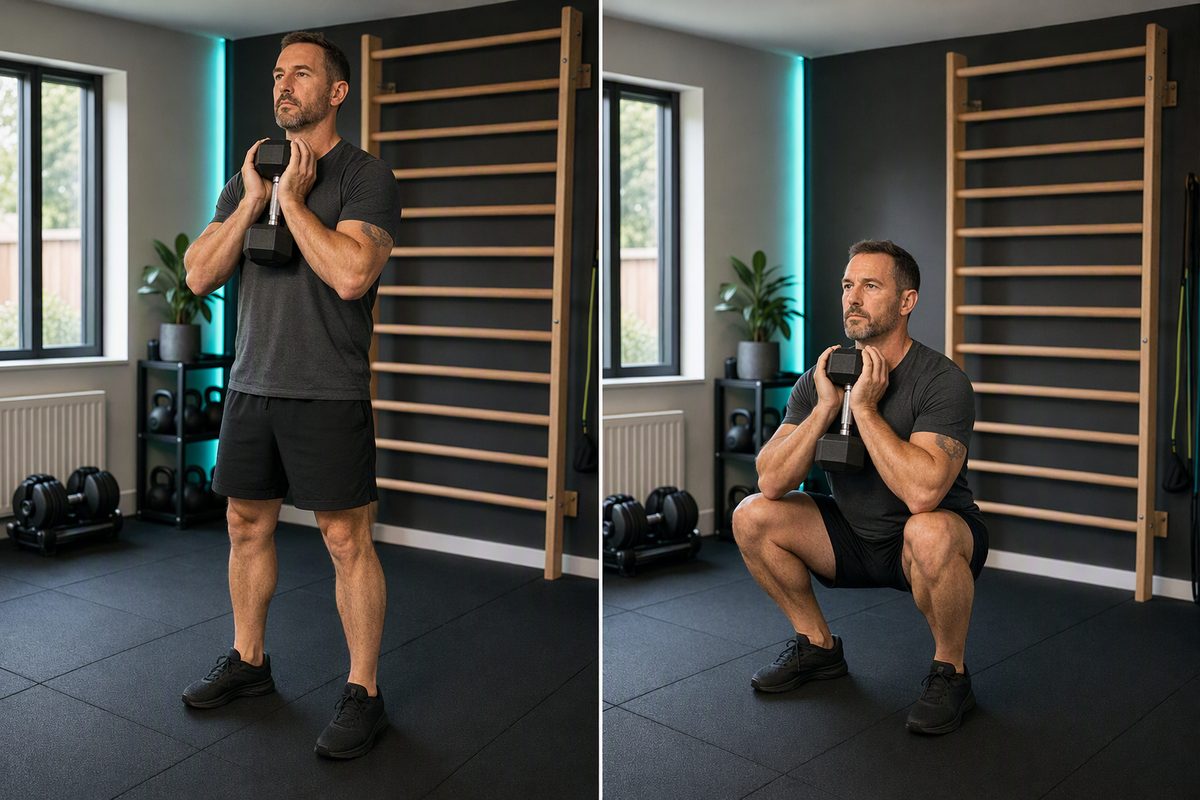 Goblet squat: start position on the left, finish position on the right