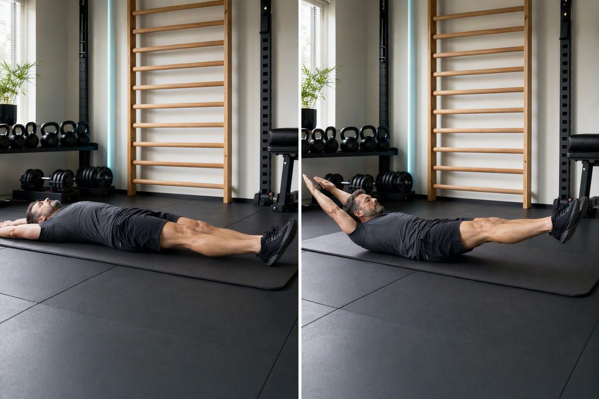 Hollow hold: start position on the left, finish position on the right