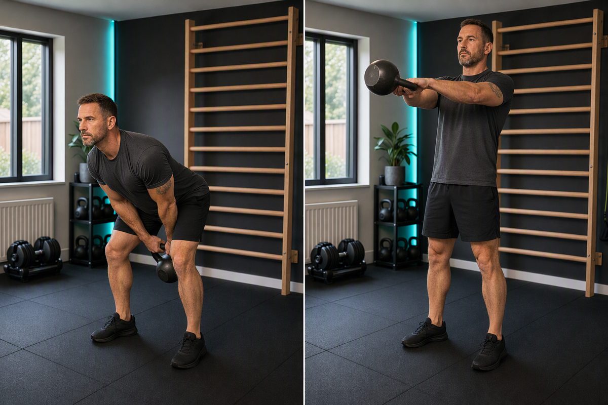 Kettlebell swing: start position on the left, finish position on the right