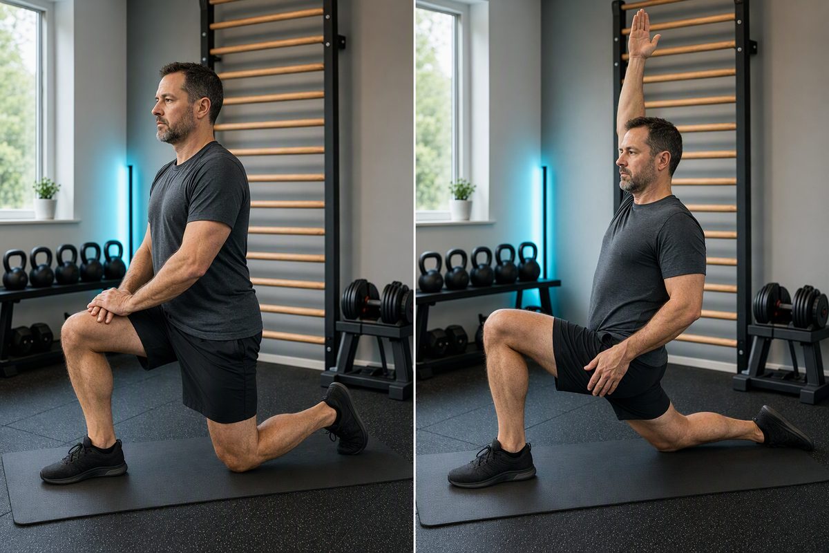 Kneeling hip flexor stretch: start position on the left, finish position on the right