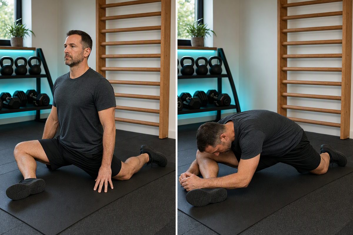 90/90 hip stretch: start position on the left, finish position on the right