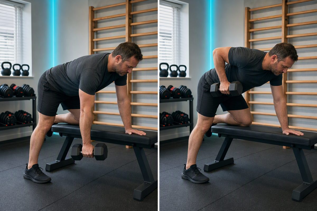 One-arm dumbbell row: start position on the left, finish position on the right