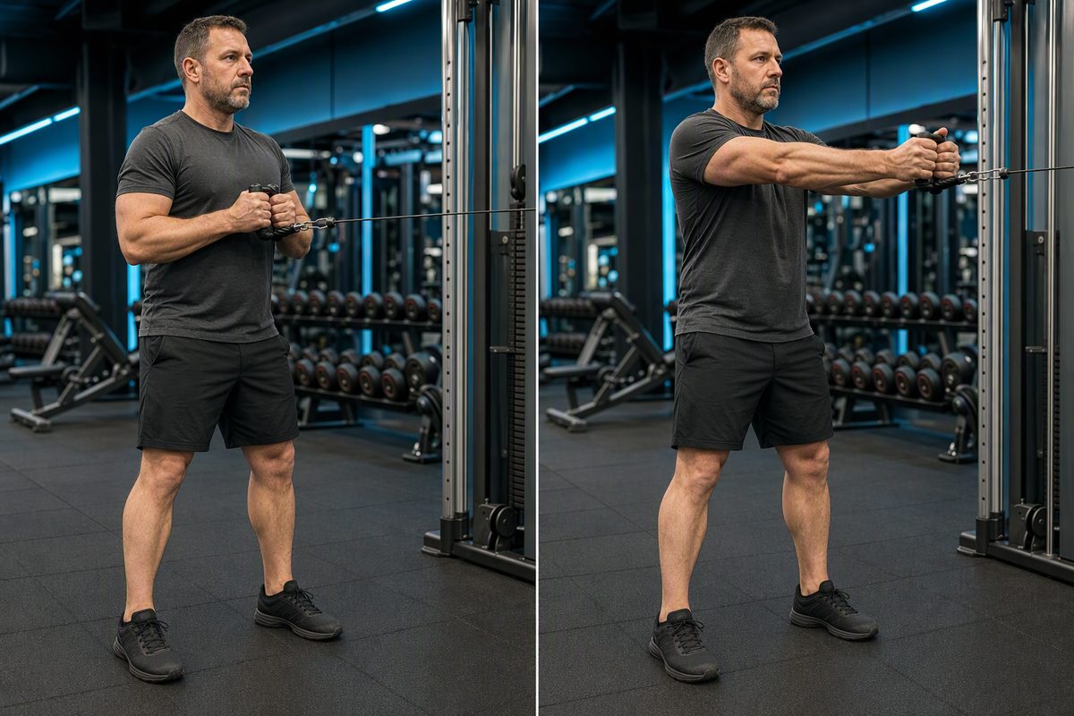 Pallof press: start position on the left, finish position on the right