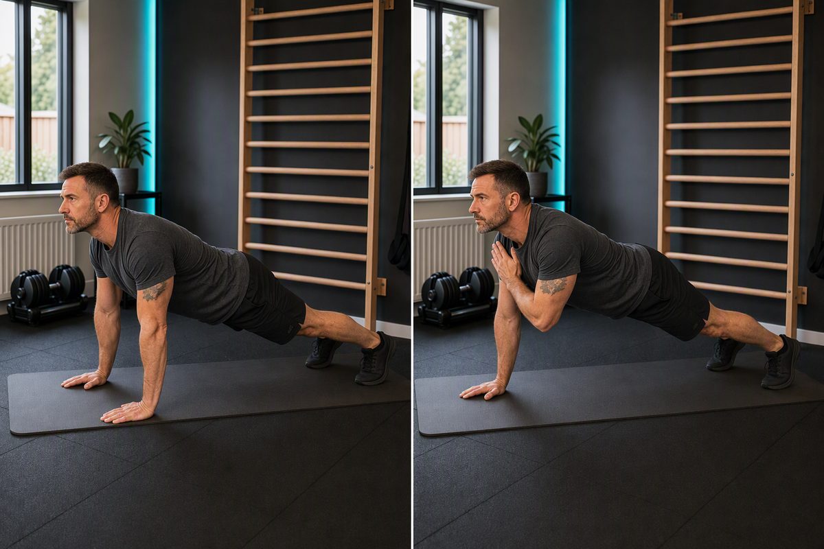 Plank shoulder tap: start position on the left, finish position on the right