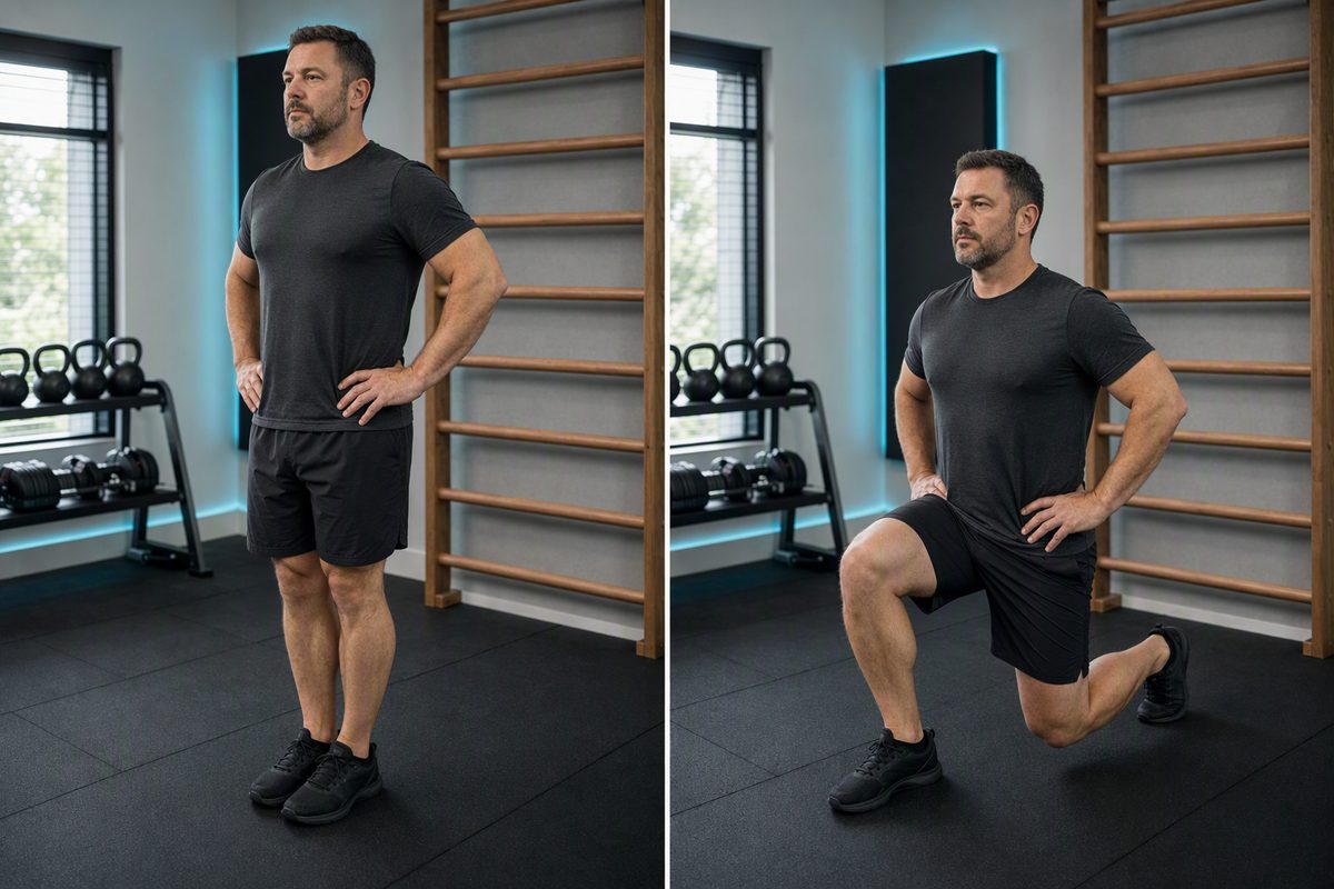 Reverse lunge: start position on the left, finish position on the right