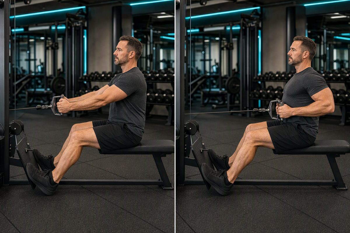 Seated cable row: start position on the left, finish position on the right