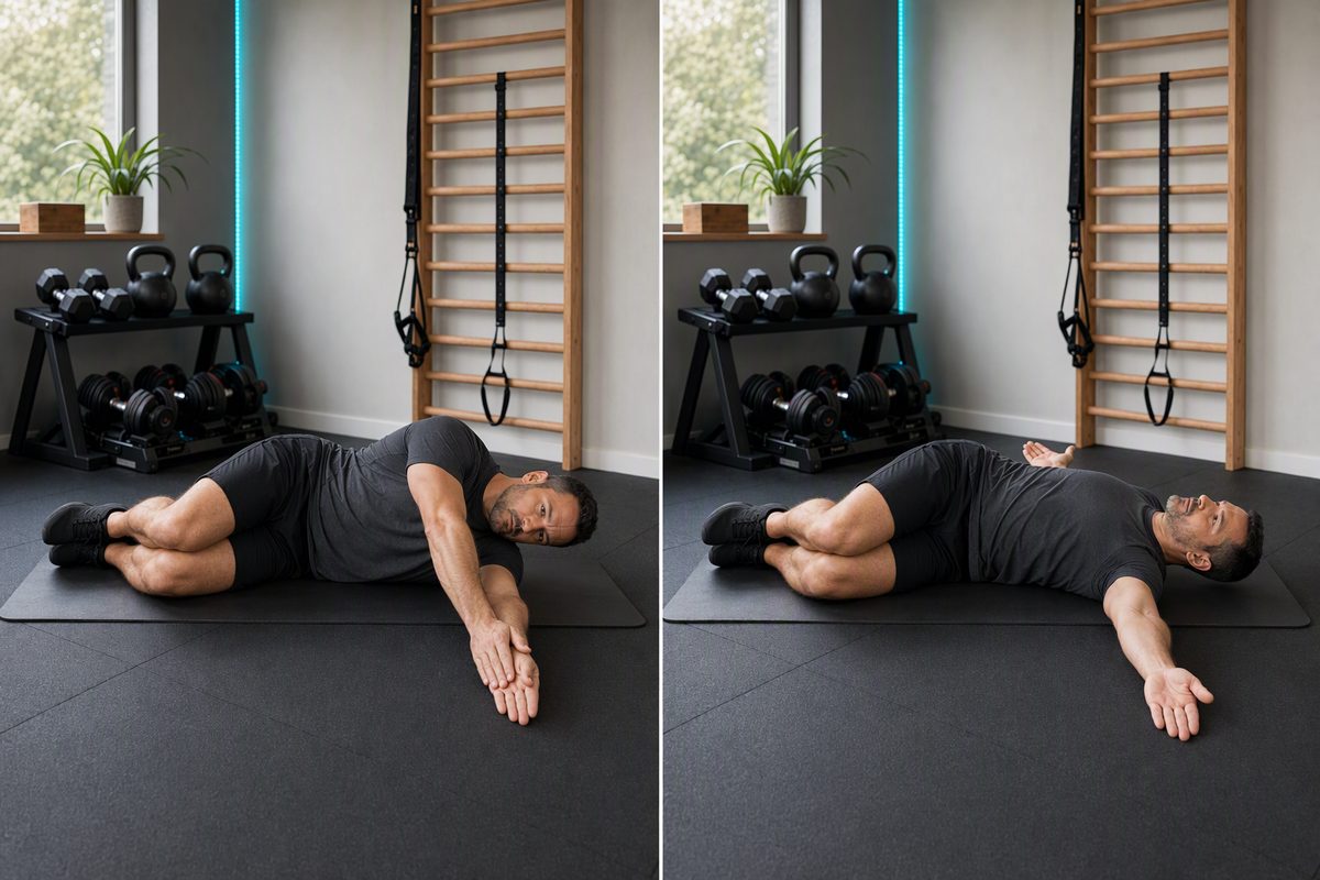 Thoracic rotation (open book): start position on the left, finish position on the right