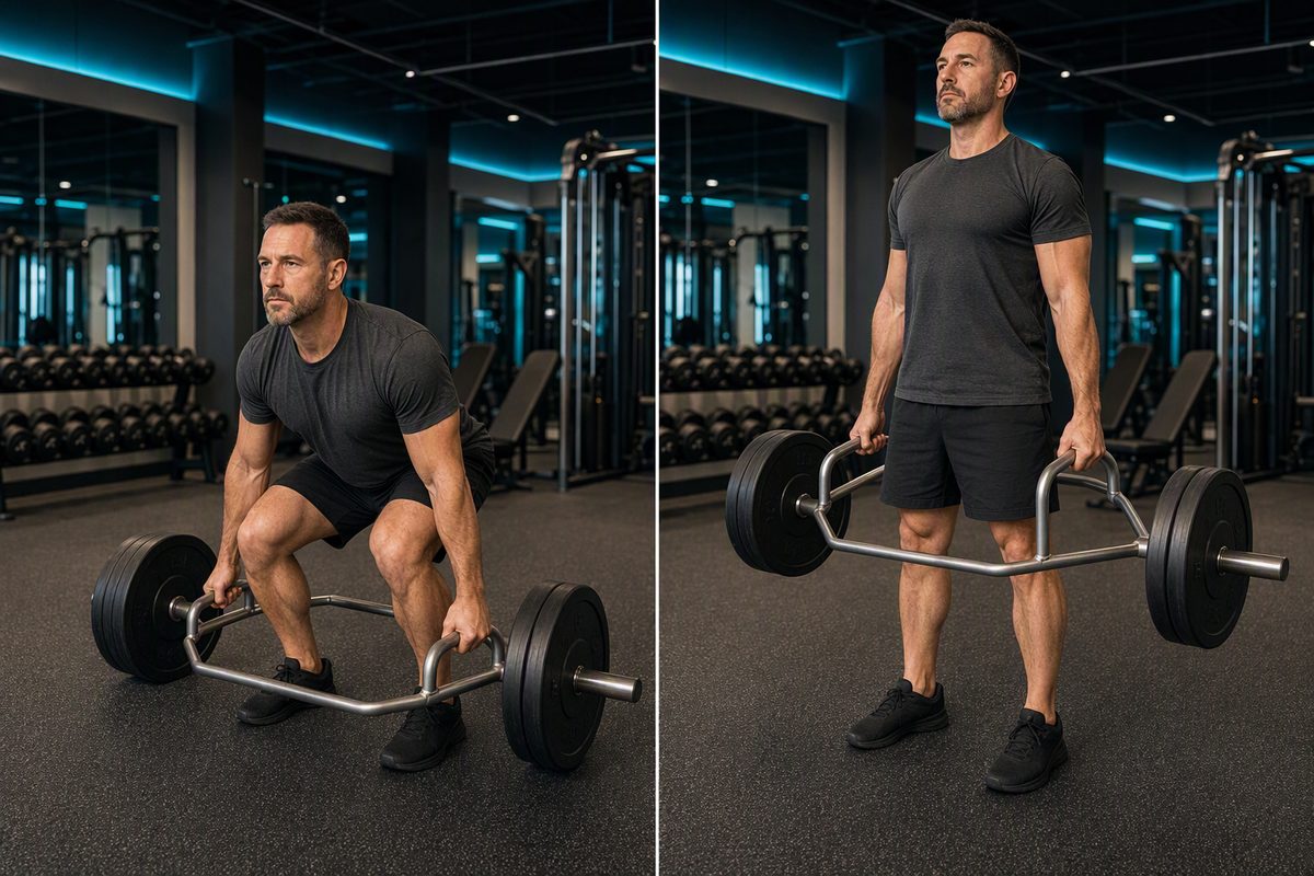 Trap-bar deadlift: start position on the left, finish position on the right